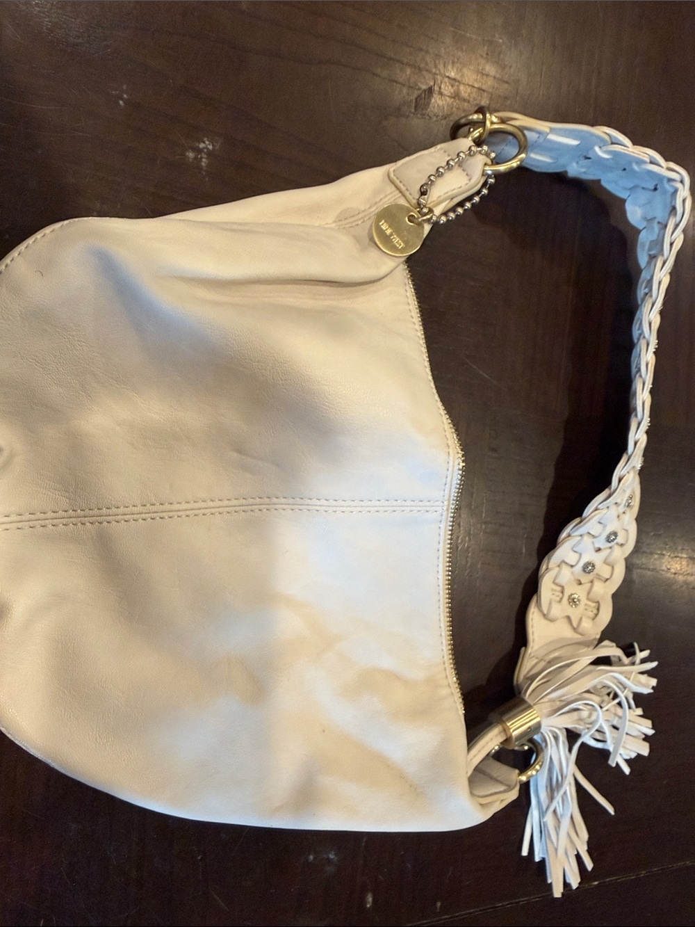 Nine West Cream Braided-Strap Leather Hobo with Tassel